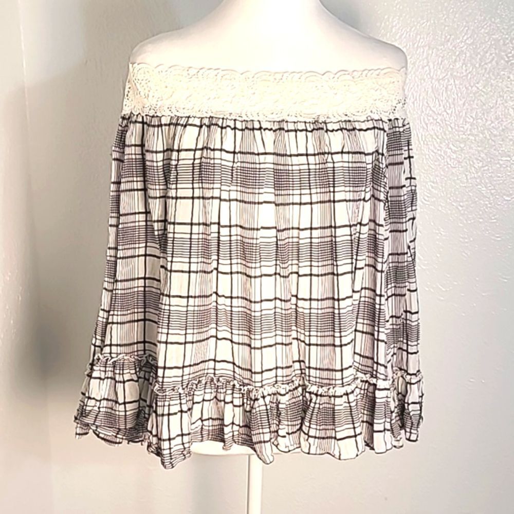 LOFT Off Shoulder Top, Black & White Plaid, Ruffle Hem, Embroidered Lace, Sz Med